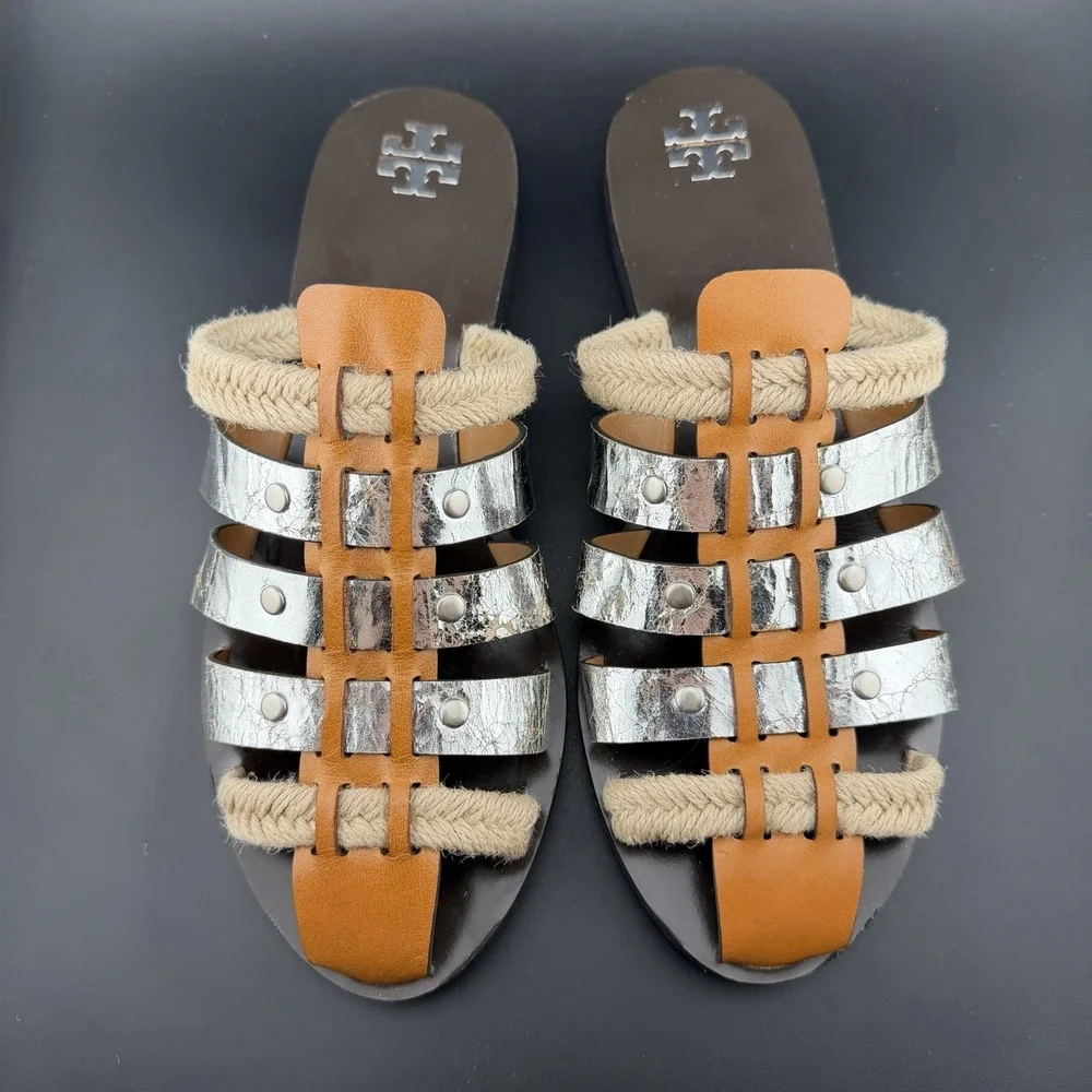 Tory Burch Fisherman Mule Sandal Brandy/Silver Leather Size 8 *See Closeup As-Is